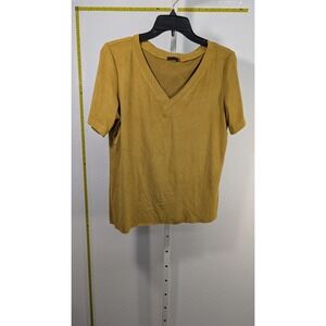 Afghan Womens Mustard Yellow Faux Suede V-Neck Short Sleeve Top Size Petite P